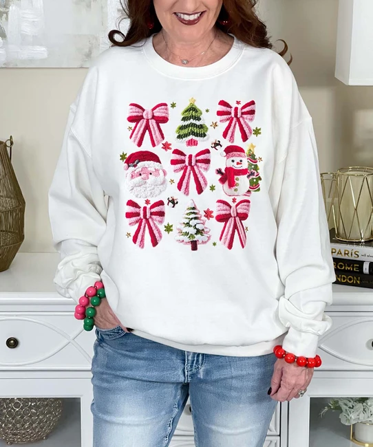 faux yarn christmas and bows sweatshirt close up