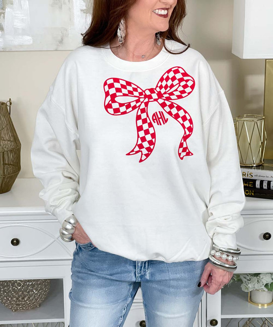 red checkered bow with monogram sweatshirt close up