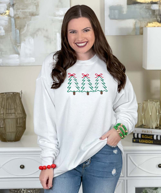 embroidered christmas tree trio with outlines sweatshirt