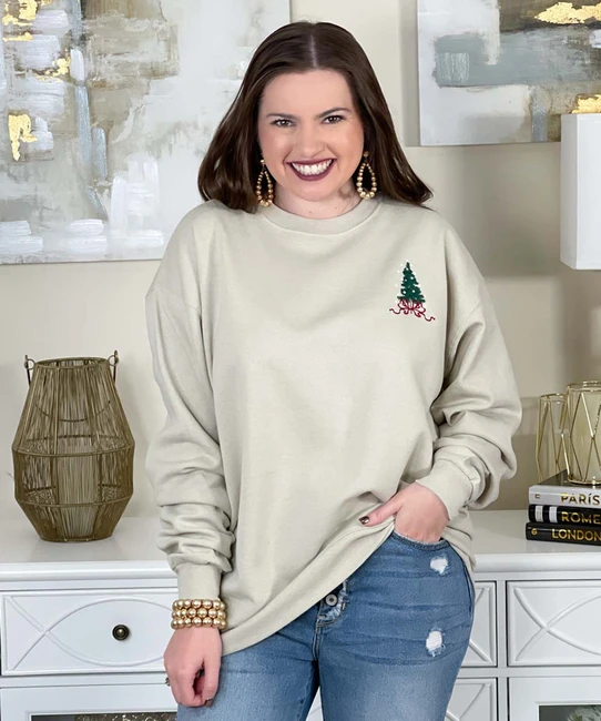 embroidered christmas tree with ribbon sweatshirt
