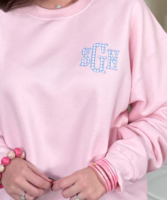 pocket light blue gingham fishtail monogram sweatshirt close up of monogram