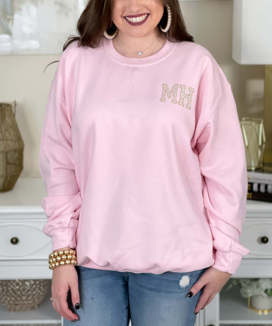 pocket distressed brown checkered monogram crewneck sweatshirt close up