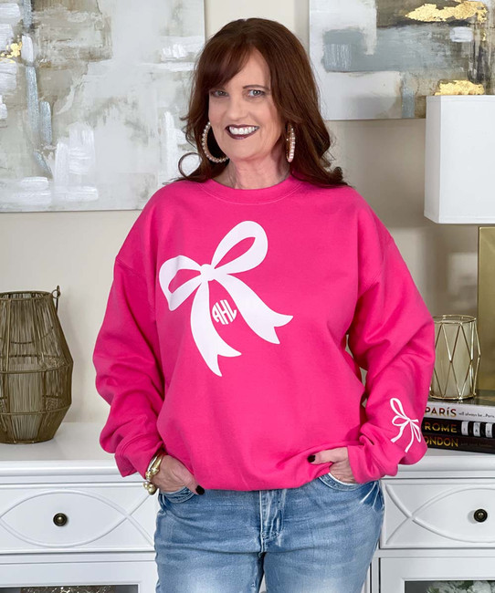 monogrammed white bow with bow on sleeve sweatshirt