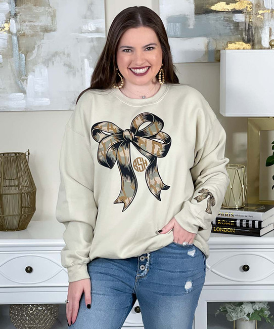 monogrammed camo bow with bow on sleeve sweatshirt