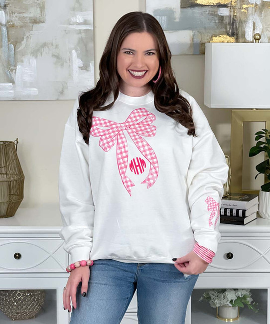 monogrammed gingham bow with bow on sleeve sweatshirt