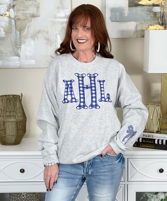 navy gingham fishtail monogram with bow on sleeve sweatshirt