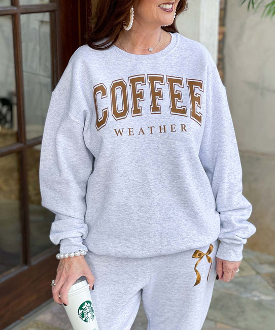 coffee weather sweatshirt and sweatpant set close up of sweatshirt