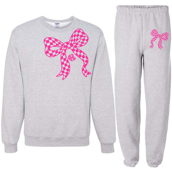 Pink Checkered Monogram Bow Sweatshirt and Sweatpants Set
