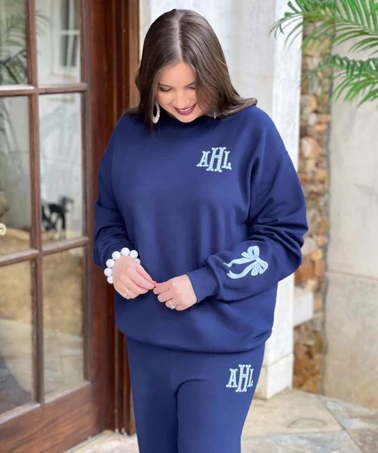 light blue gingham fishtail monogram sweatshirt and sweatpants set