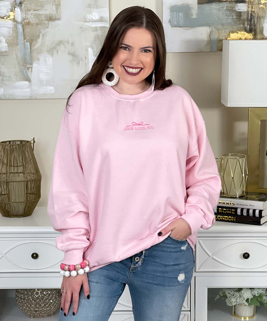 Embroidered jesus loves you with bow sweatshirt