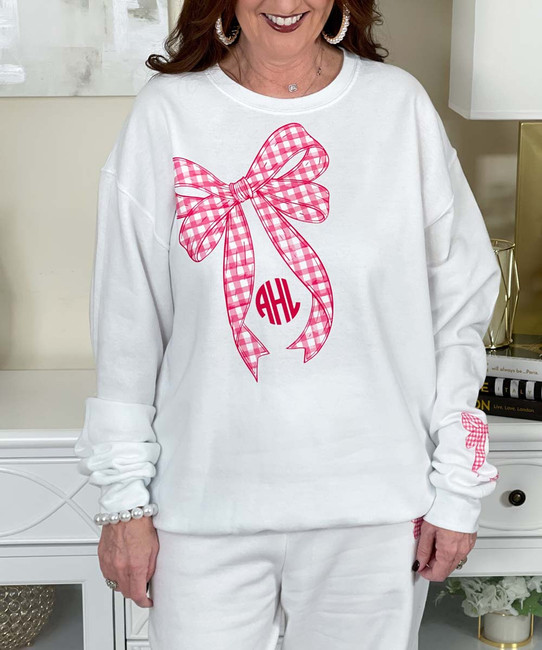 monogrammed gingham bow sweatshirt and sweatpant set close up