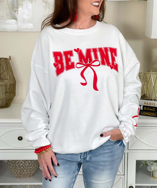 Be mine with bow and sleeve bow sweatshirt close up