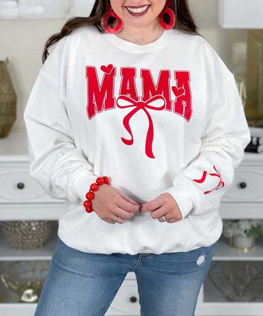 mama with bow and sleeve bow sweatshirt close up