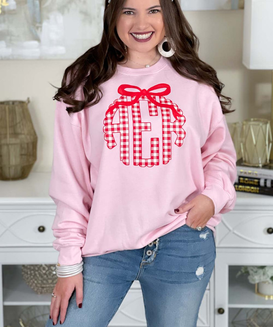 red gingham monogram with bow sweatshirt close up