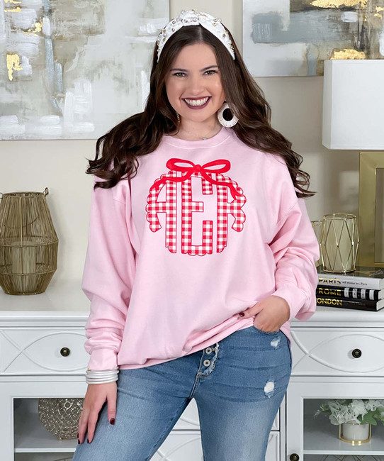 red gingham monogram with bow sweatshirt