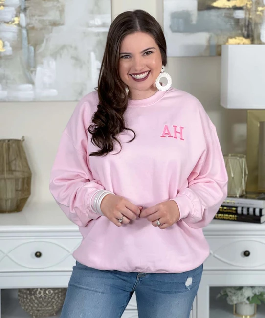 embroidered varsity two initial sweatshirt pink