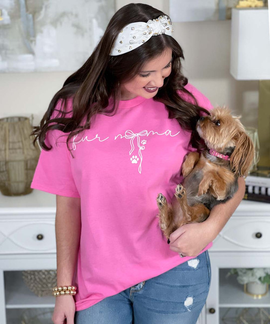 fur mama with bow tee close up