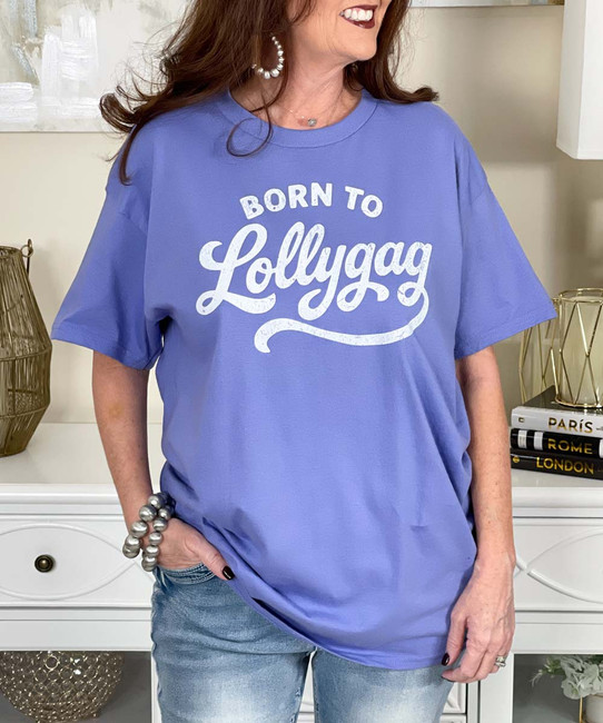distressed born to lollygag tee close up
