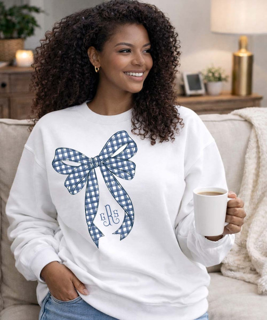 Monogrammed gingham bow sweatshirt navy bow
