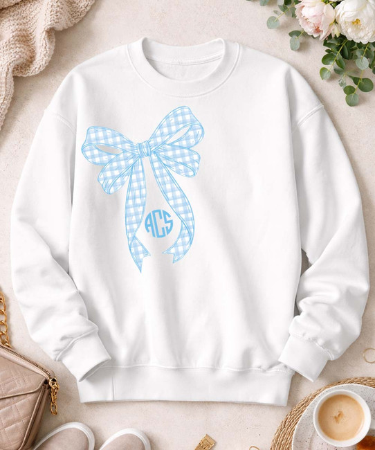 Monogrammed light blue gingham bow sweatshirt flat lay