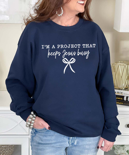 i'm a project that keeps jesus busy sweatshirt navy close up