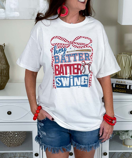 hey batter baseball with bow tee close up