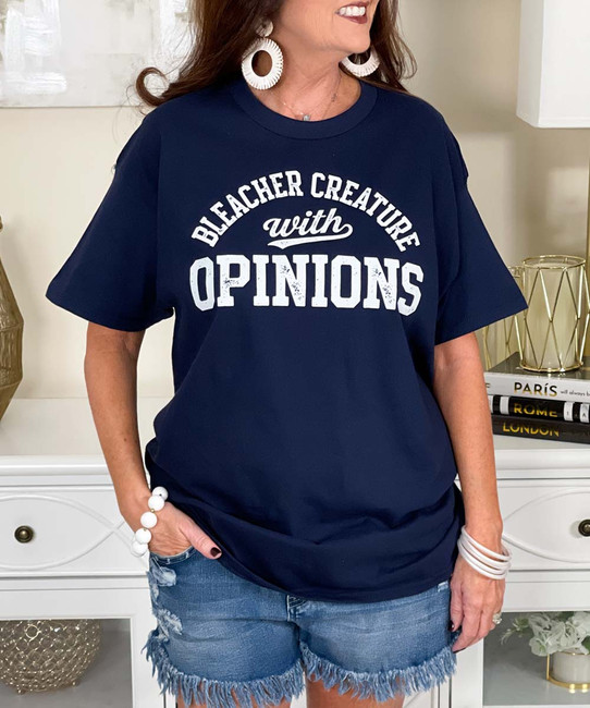 bleacher creature with opinions tee close up