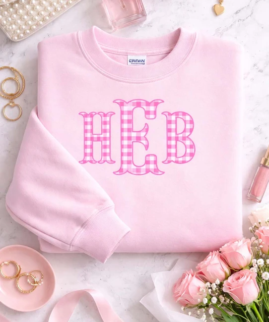 fishtail hot pink gingham monogrammed sweatshirt light pink flat lay