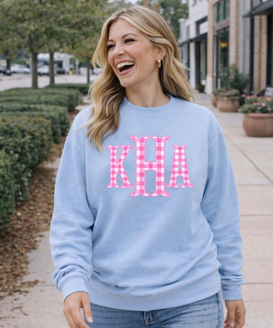 fishtail hot pink gingham monogrammed sweatshirt light blue model image