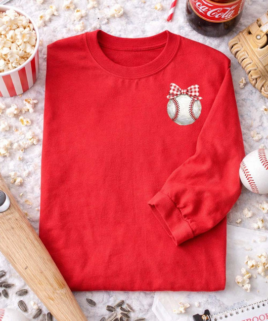 pocket baseball with red gingham bow flatlay