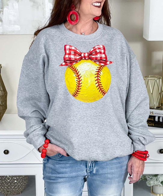 softball with red gingham bow sweatshirt close up