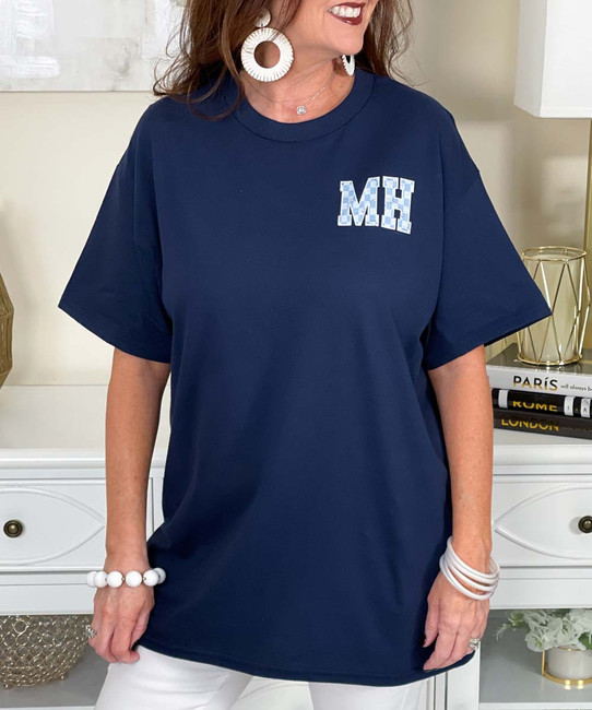 pocket distressed blue checkered monogrammed tee close up