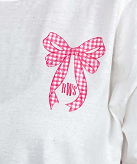 pocket monogrammed hot pink gingham bow tee close up of monogram