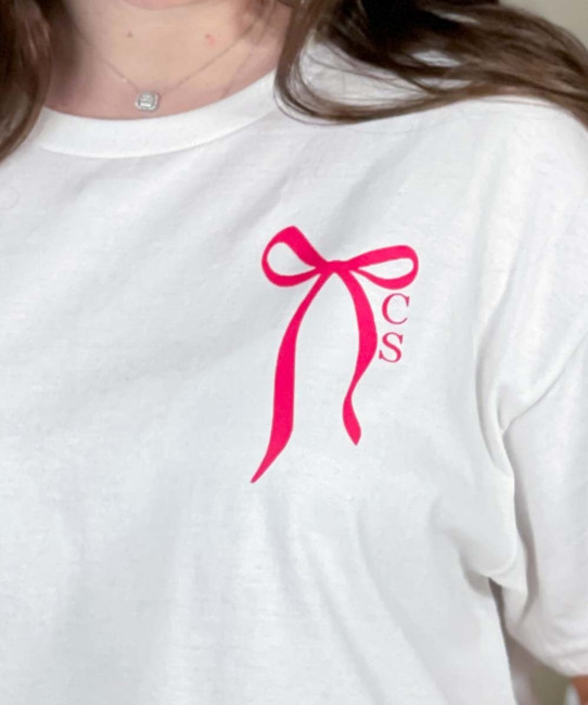 pocket stacked monogrammed pink bow tee