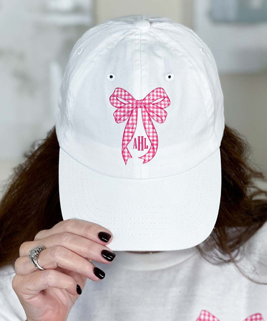 monogrammed pink gingham bow cap