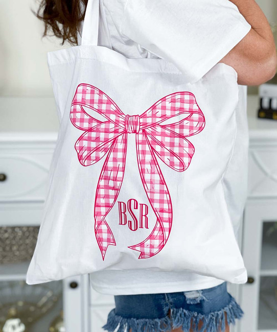 monogrammed pink gingham bow tote