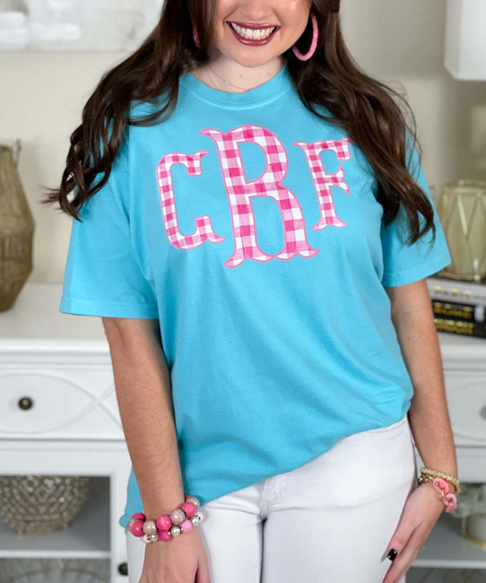 hot pink gingham fishtail monogram lagoon tee close up