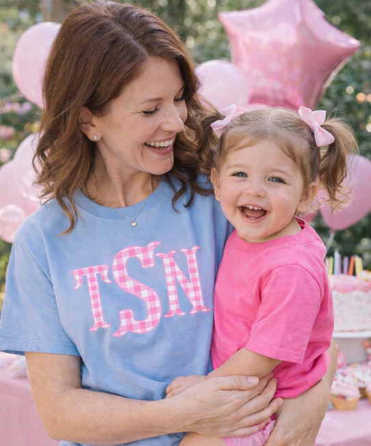 hot pink gingham fish tail monogram washed denim tee model image