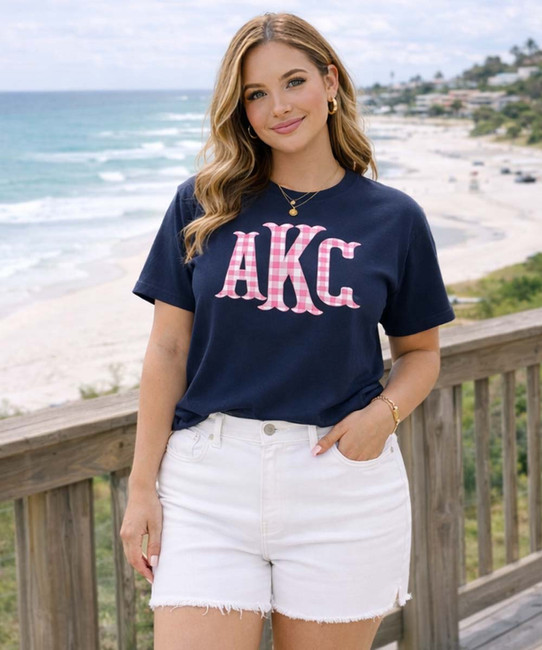 hot pink gingham fish tail monogram navy