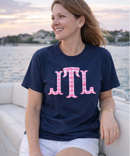 hot pink gingham fish tail monogram true navy tee model image