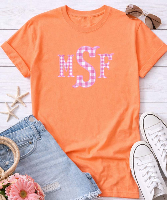 hot pink gingham fish tail monogram flay lay image melon