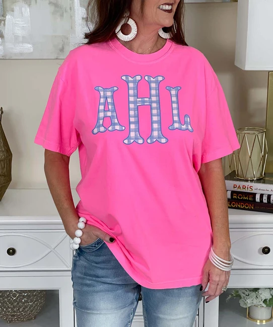 light blue gingham fishtail monogram comfort colors tee neon pink close up