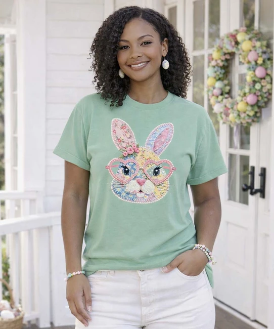 patchwork bunny with glasses comfort colors tee porch image