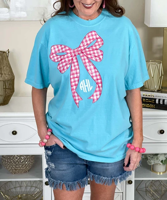 pink gingham bow with monogram tee close up