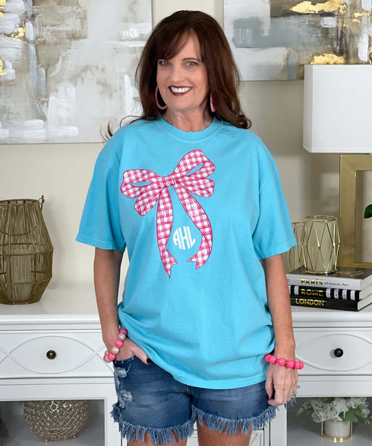 pink gingham bow with monogram tee