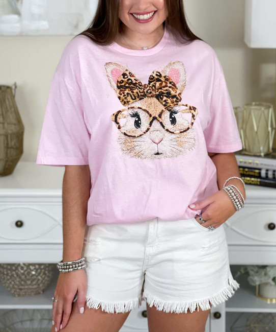 bunny with leopard bow tee close up