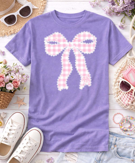 monogrammed pink gingham lace bow tee flat lay image