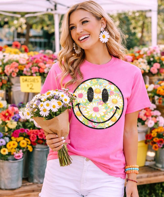 boho flower smile graphic tee model 1