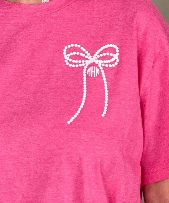 monogrammed pearl bow heathered tee close up of monogram