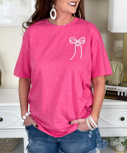 monogrammed pearl bow heathered tee close up